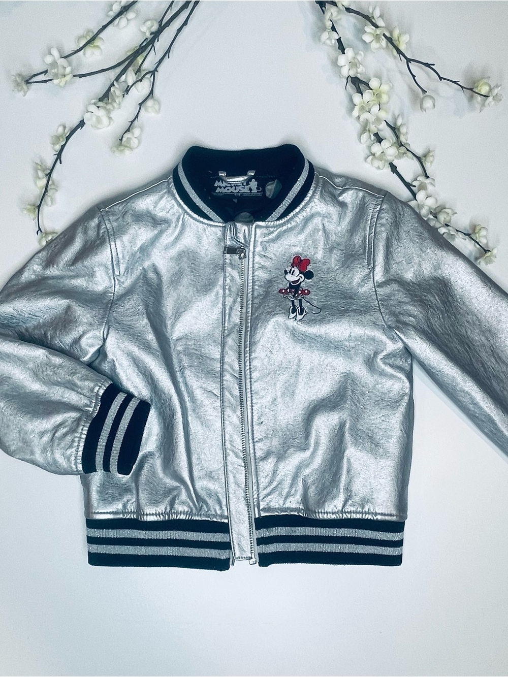 Disney Silver Minnie Mouse Metallic Bomber Jacket with Black Trim